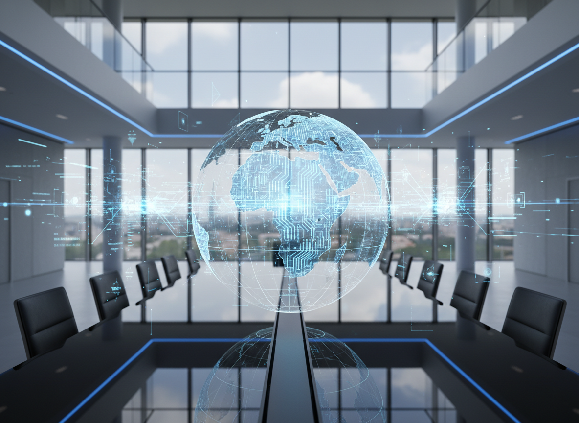 A sleek, illuminated globe made of overlapping translucent glass panels, each etched with fine circuit-like patterns, hovers above a polished dark stone conference table. Around the globe, subtle holographic data streams and AI network diagrams radiate outward into the softly blurred background of a modern, high-tech atrium with floor-to-ceiling windows and minimalist architecture. Cool, diffused daylight mixes with discrete blue accent lighting, creating a calm, authoritative atmosphere. Shot at eye level with a slightly wide lens, the composition centers the globe with a shallow depth of field, emphasizing global connectivity and AI collaboration in a clean, photographic realism style suitable for a professional news organization homepage.